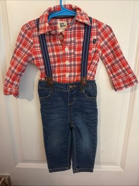 Baby B'gosh Red Plaid Shirt with Navy Suspenders Kids Matching Set